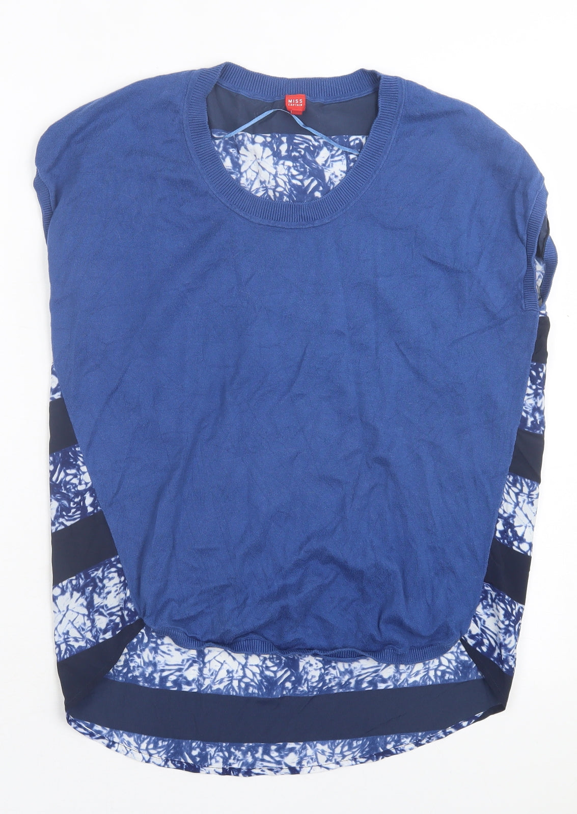 Miss Captain Womens Blue Geometric Cotton Basic T-Shirt Size 10 Crew Neck