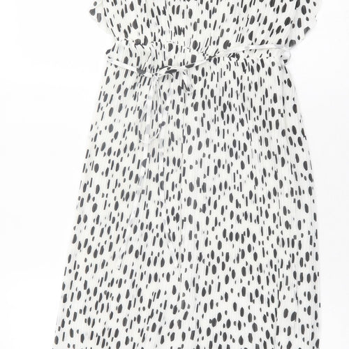 Warehouse Womens White Geometric Polyester A-Line Size 8 Crew Neck Zip