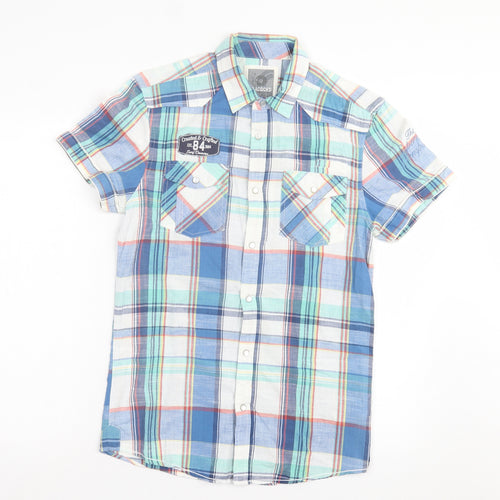 Peacocks Mens Blue Plaid Cotton Button-Up Size S Collared Button