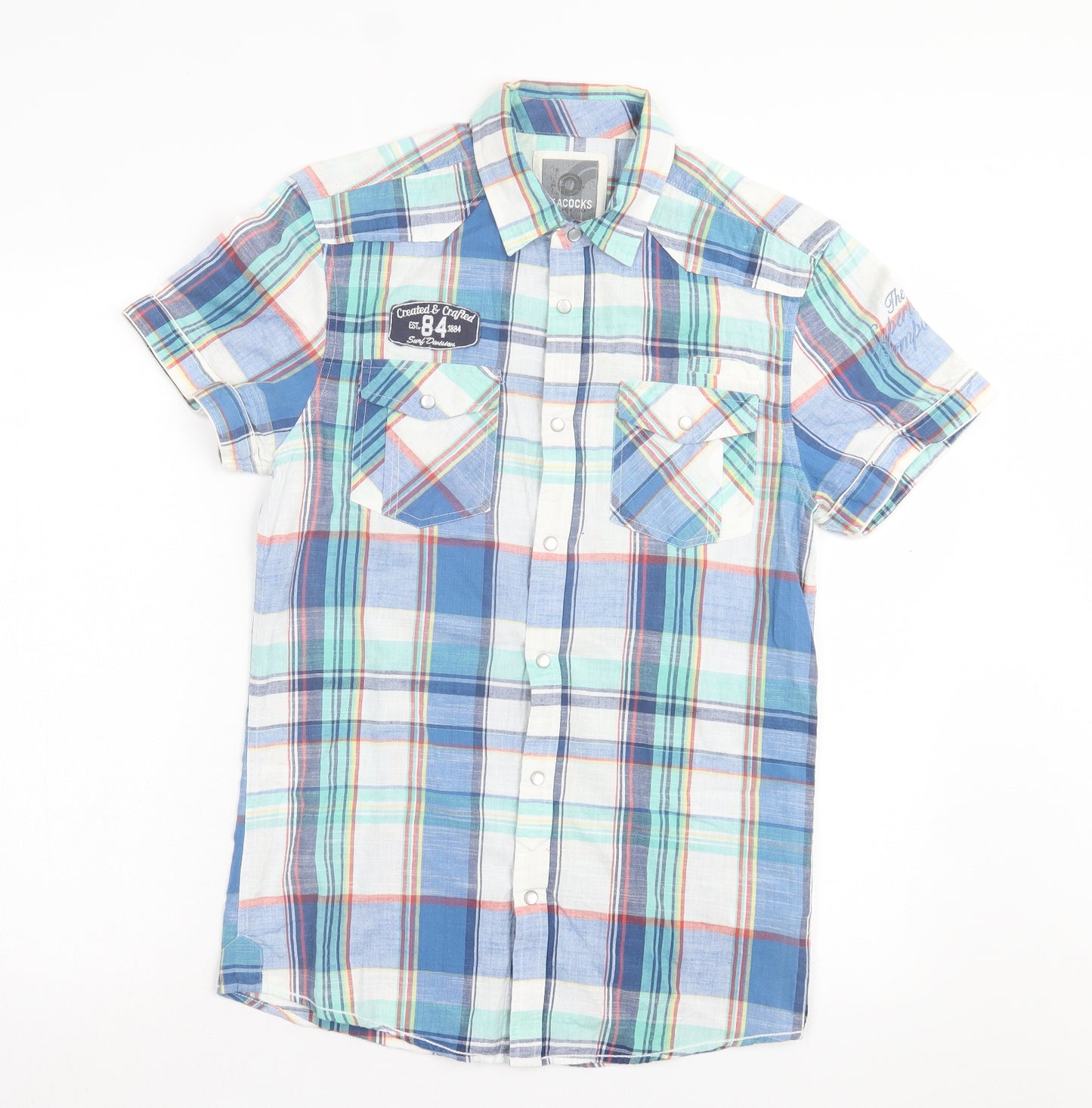 Peacocks Mens Blue Plaid Cotton Button-Up Size S Collared Button