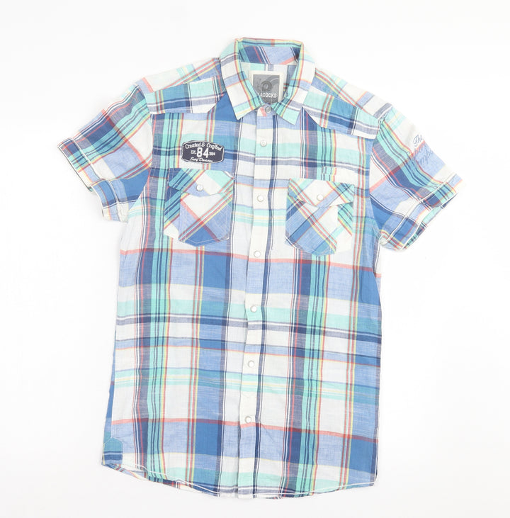 Peacocks Mens Blue Plaid Cotton Button-Up Size S Collared Button