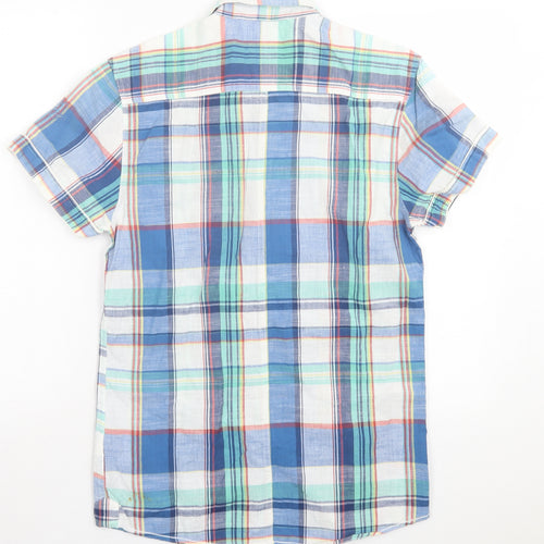 Peacocks Mens Blue Plaid Cotton Button-Up Size S Collared Button