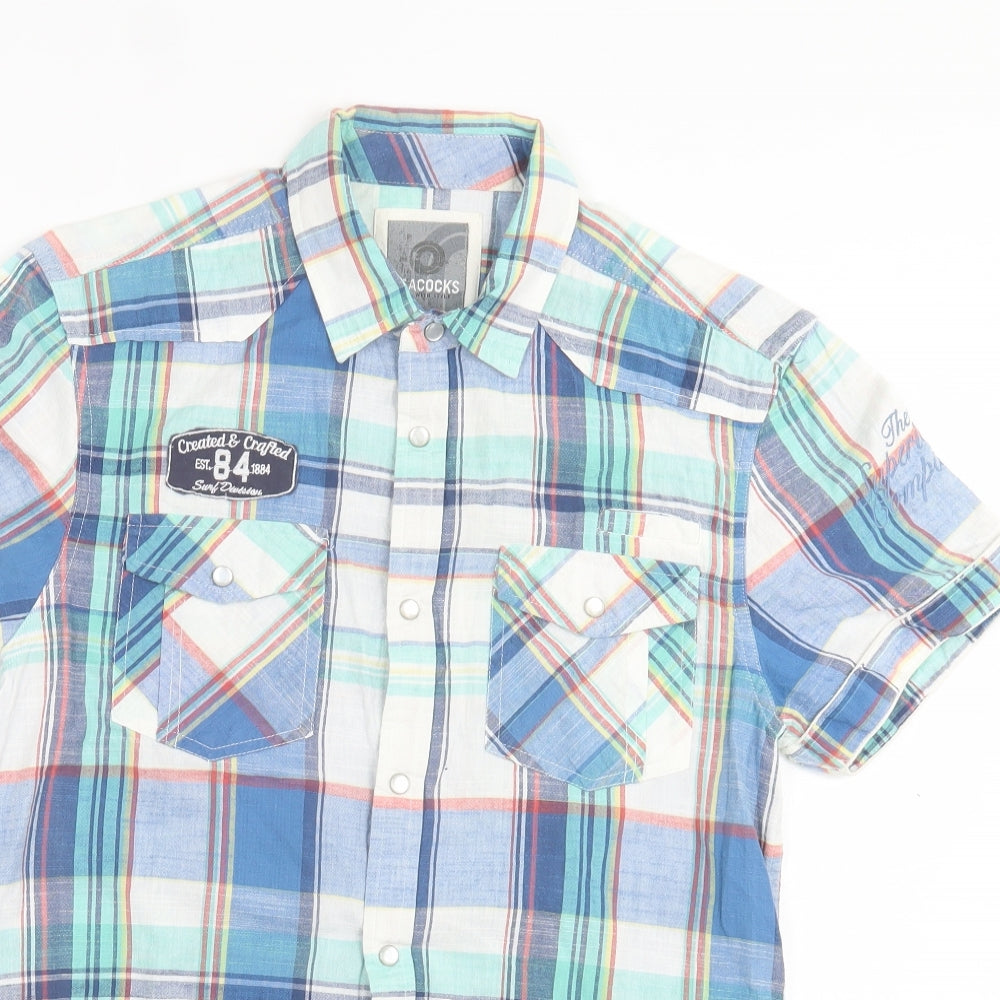 Peacocks Mens Blue Plaid Cotton Button-Up Size S Collared Button