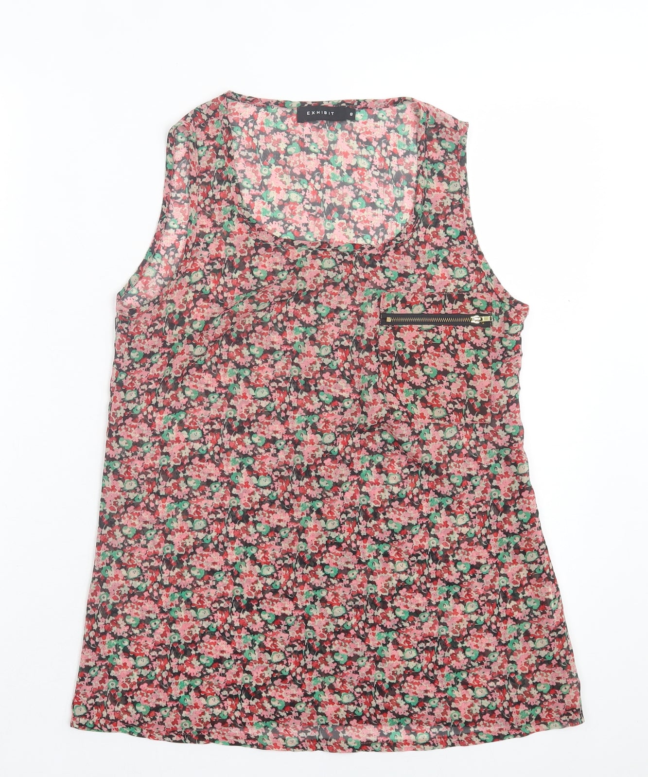 Exhibit Womens Red Floral Polyester Basic Tank Size 8 Crew Neck