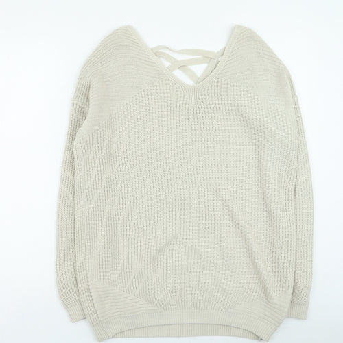 NEXT Womens Beige V-Neck Acrylic Pullover Jumper Size 8