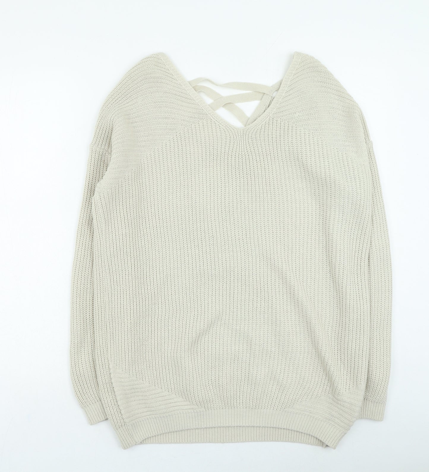 NEXT Womens Beige V-Neck Acrylic Pullover Jumper Size 8