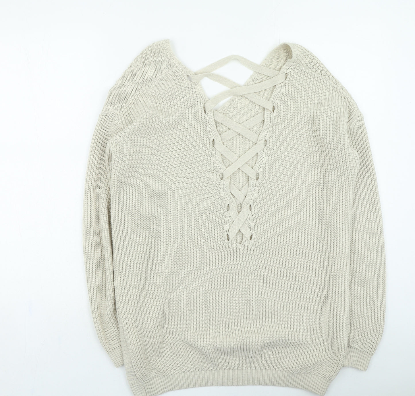 NEXT Womens Beige V-Neck Acrylic Pullover Jumper Size 8