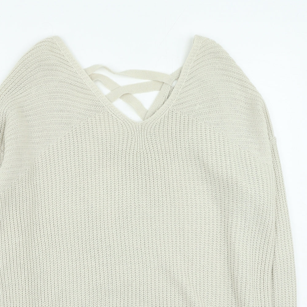 NEXT Womens Beige V-Neck Acrylic Pullover Jumper Size 8