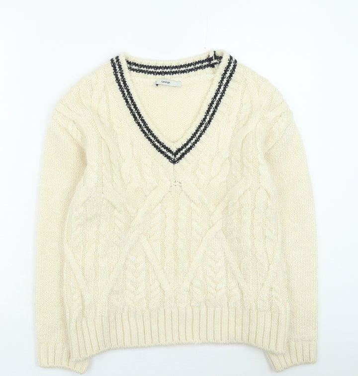 George Womens Beige V-Neck Acrylic Pullover Jumper Size S