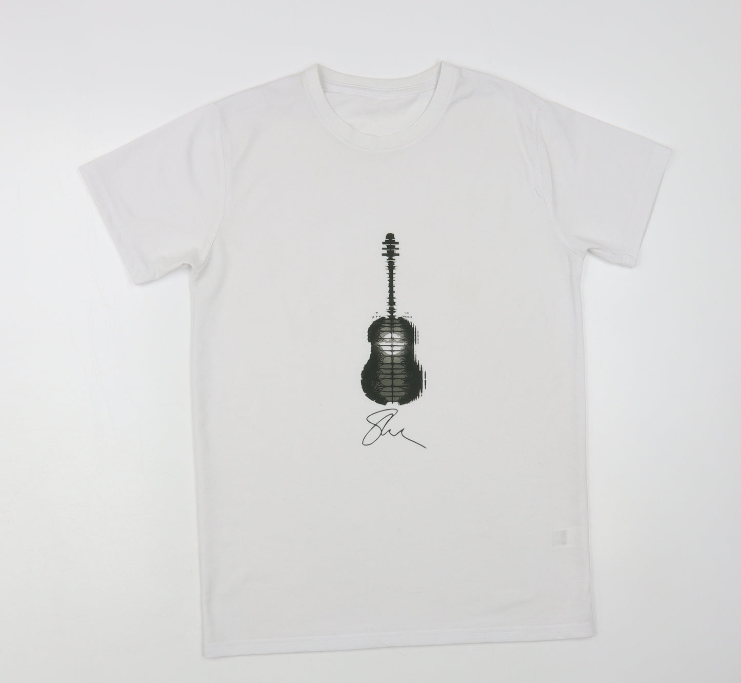 Preworn Mens White Polyester T-Shirt Size S Crew Neck - Guitar