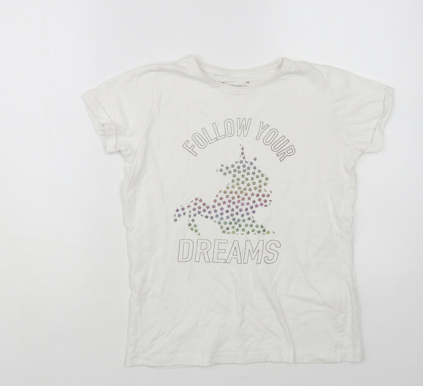 Primark Girls White Cotton Basic T-Shirt Size 11-12 Years Crew Neck Pullover - Unicorn