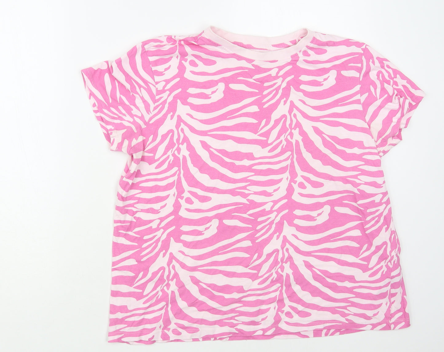 Primark Womens Pink Animal Print Cotton Basic T-Shirt Size 14 Crew Neck