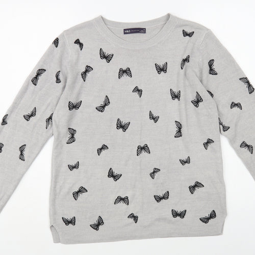 Marks and Spencer Womens Grey Crew Neck Geometric Acrylic Pullover Jumper Size 12 - Butterfly Print