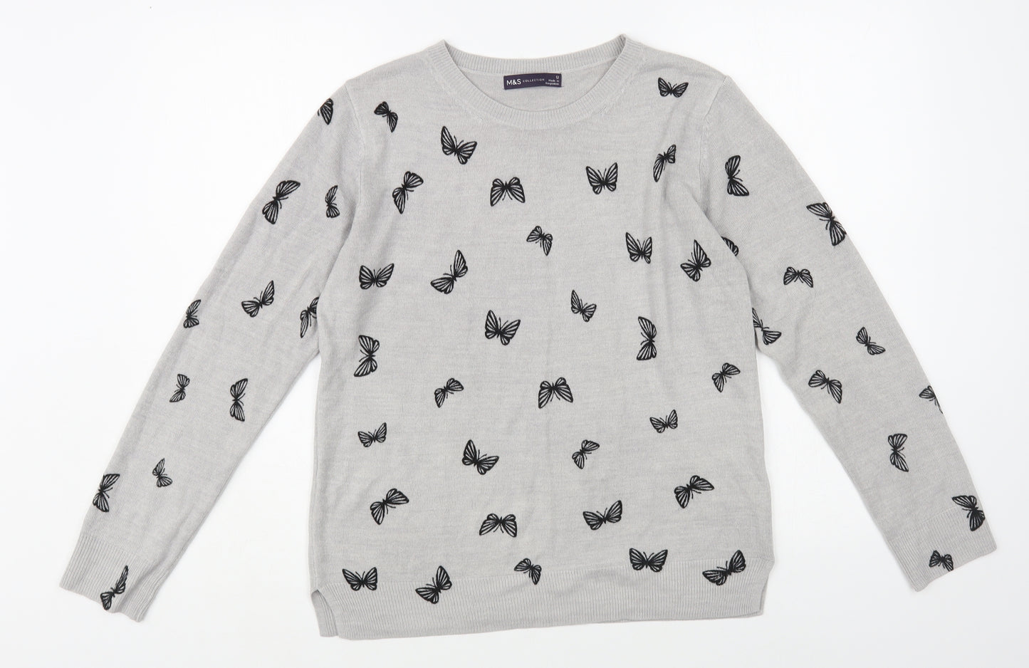 Marks and Spencer Womens Grey Crew Neck Geometric Acrylic Pullover Jumper Size 12 - Butterfly Print
