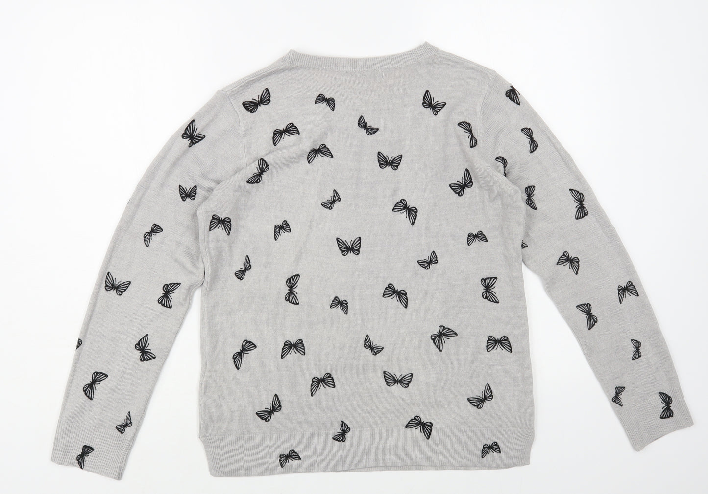 Marks and Spencer Womens Grey Crew Neck Geometric Acrylic Pullover Jumper Size 12 - Butterfly Print
