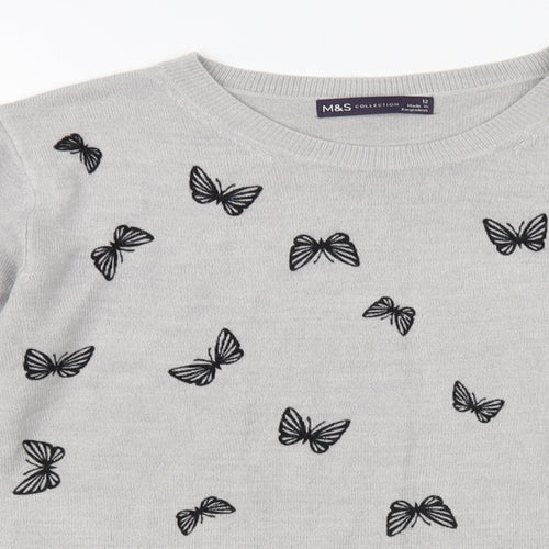 Marks and Spencer Womens Grey Crew Neck Geometric Acrylic Pullover Jumper Size 12 - Butterfly Print