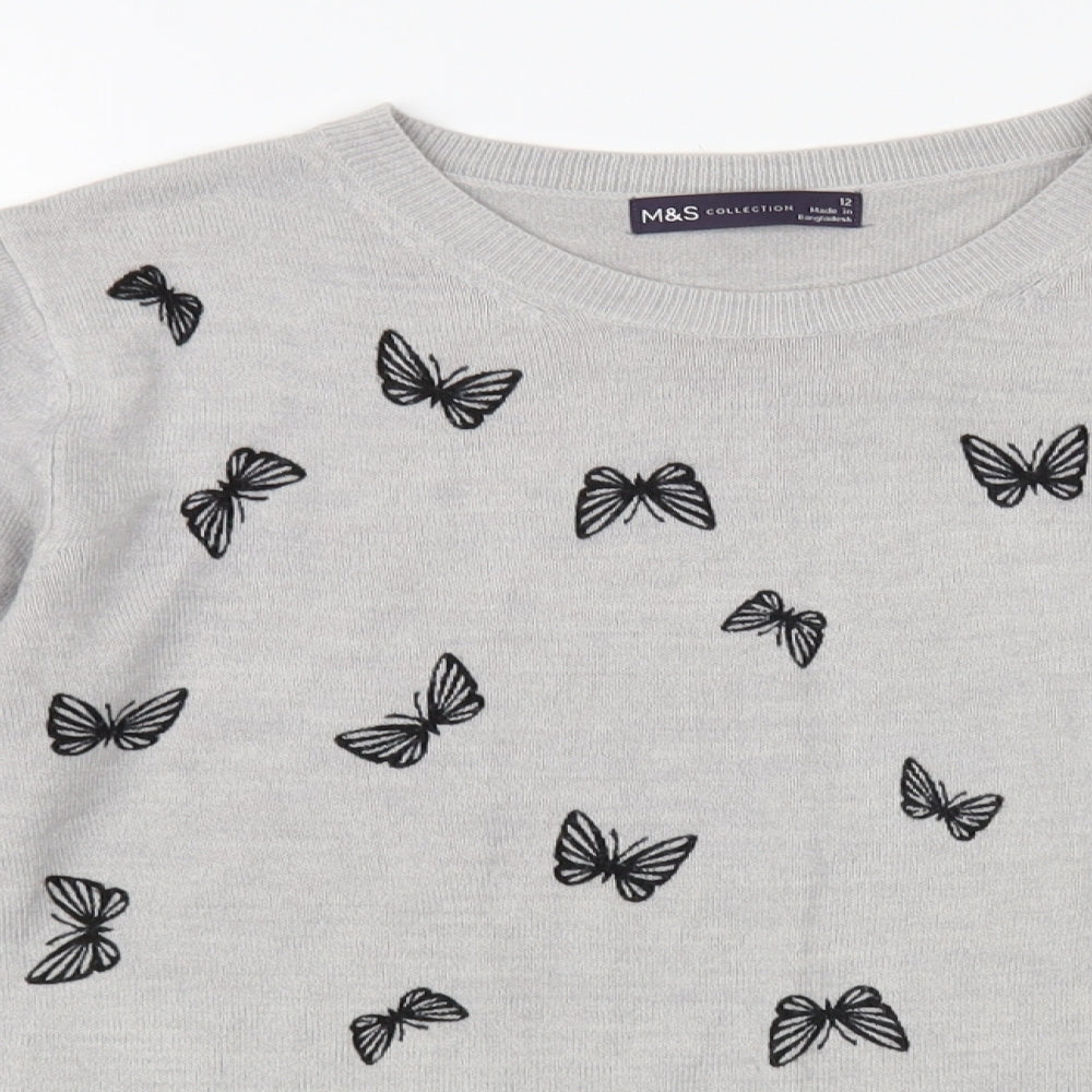 Marks and Spencer Womens Grey Crew Neck Geometric Acrylic Pullover Jumper Size 12 - Butterfly Print