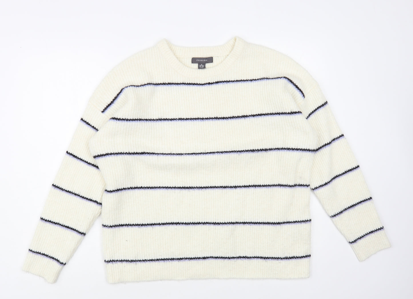 Primark Womens Ivory Crew Neck Striped Acrylic Pullover Jumper Size 18