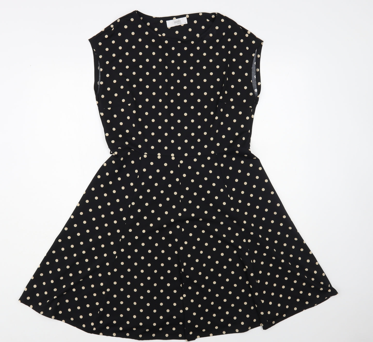 Wallis Womens Black Polka Dot Polyester Skater Dress Size 14 Round Neck Pullover