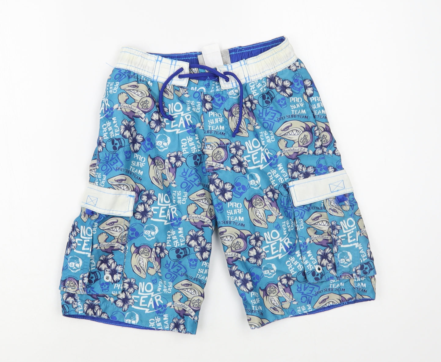 No Fear Boys Blue Geometric Polyester Bermuda Shorts Size 7-8 Years Regular Drawstring - Shark Print