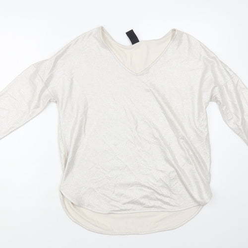 TU Womens Silver Polyester Basic Blouse Size 12 V-Neck - Metallic Look