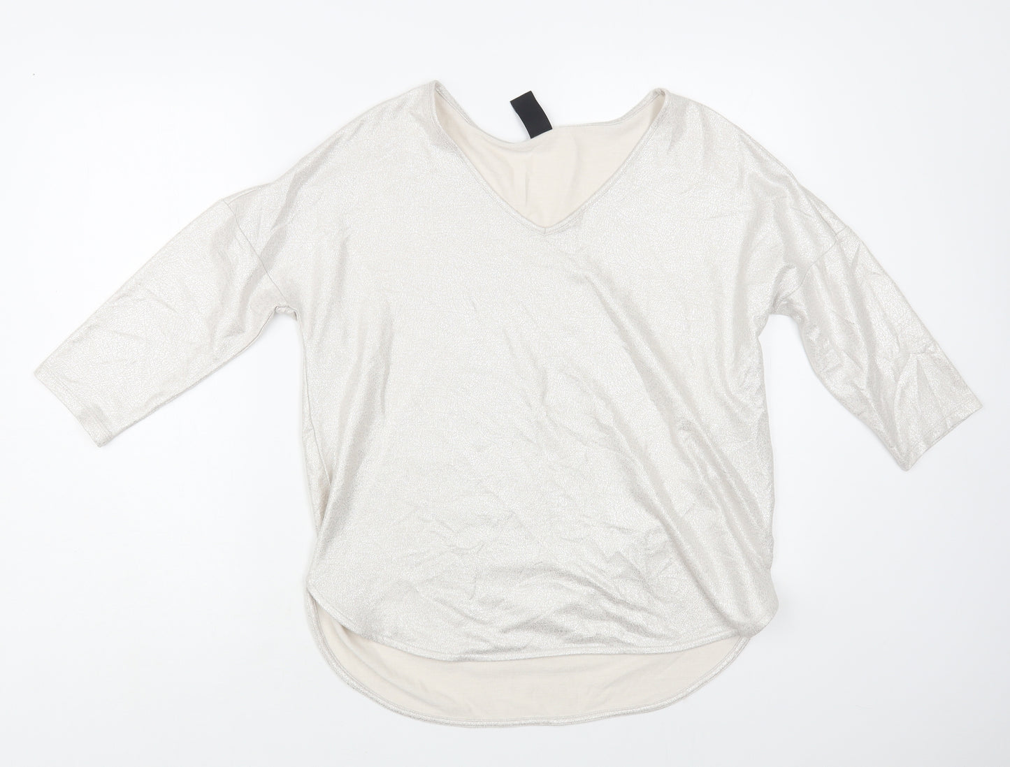 TU Womens Silver Polyester Basic Blouse Size 12 V-Neck - Metallic Look