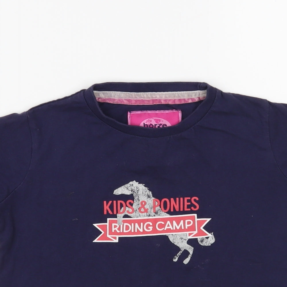 Horze Girls Blue Cotton Pullover T-Shirt Size 7-8 Years Crew Neck Pullover