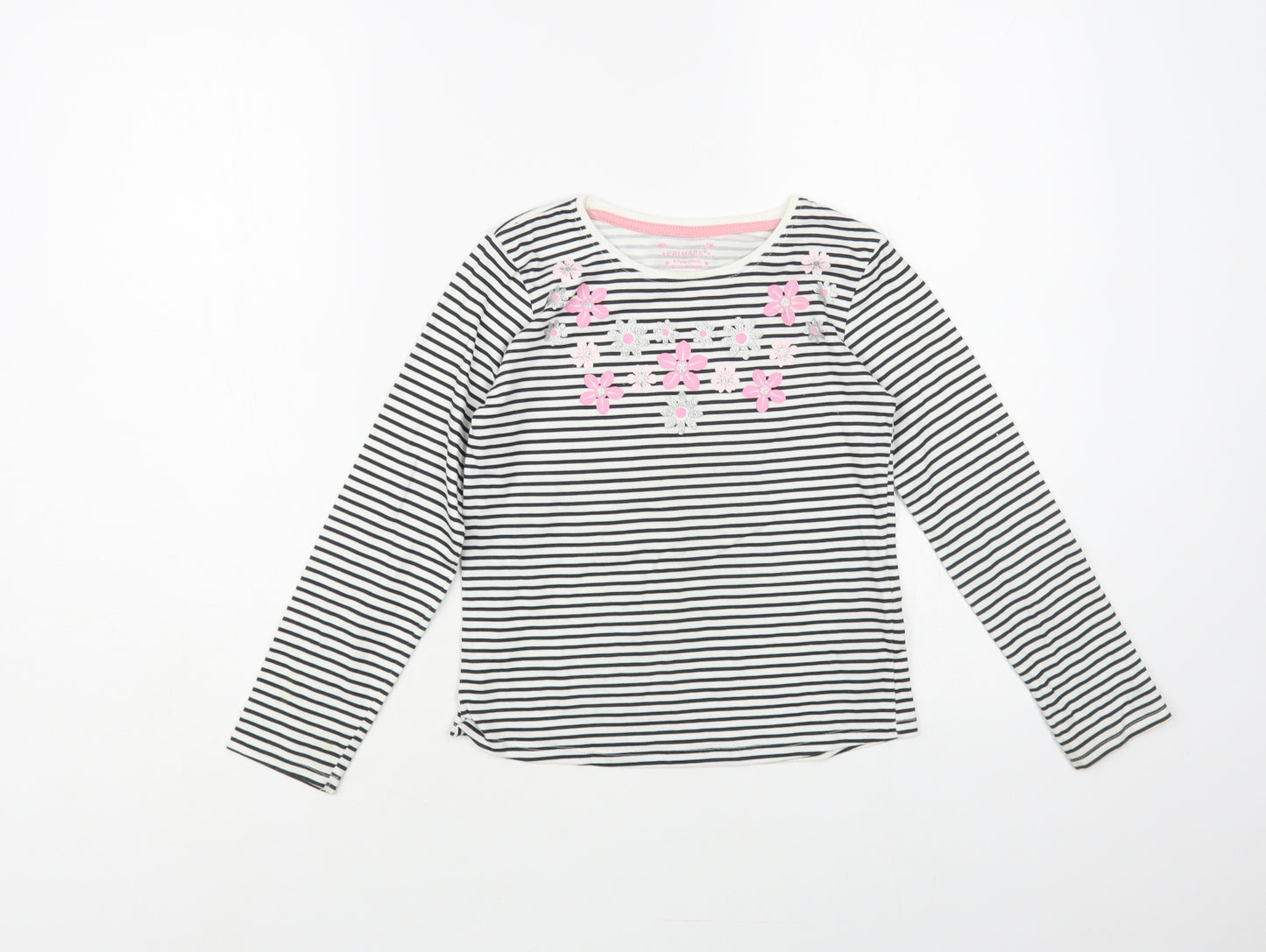 Primark Girls White Striped Cotton Basic T-Shirt Size 6-7 Years Crew Neck Pullover