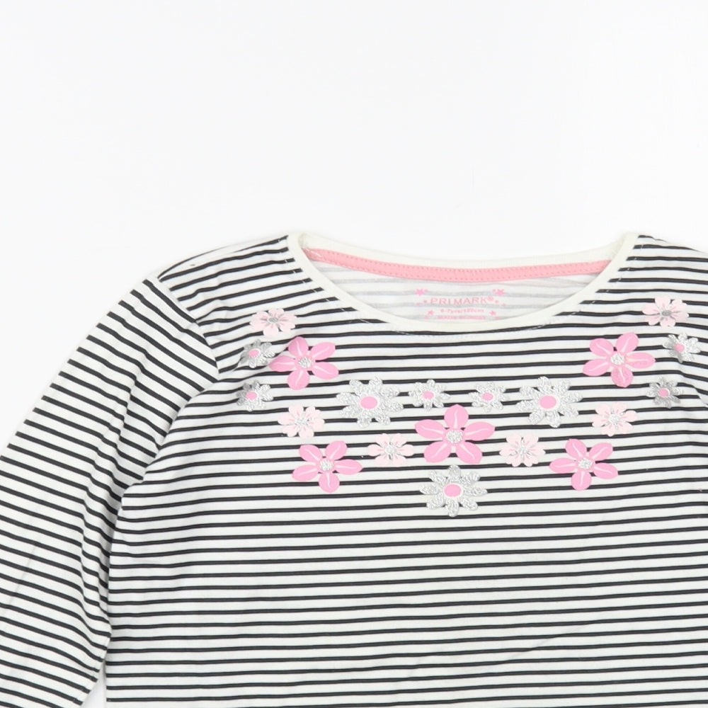 Primark Girls White Striped Cotton Basic T-Shirt Size 6-7 Years Crew Neck Pullover