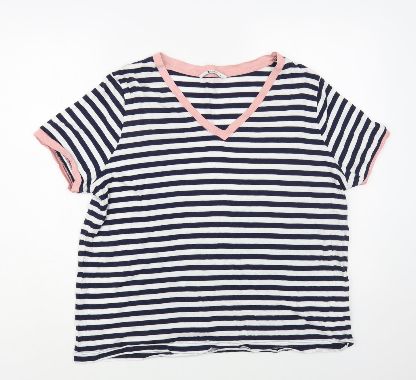 TU Womens Blue Striped Cotton Basic T-Shirt Size 18 V-Neck