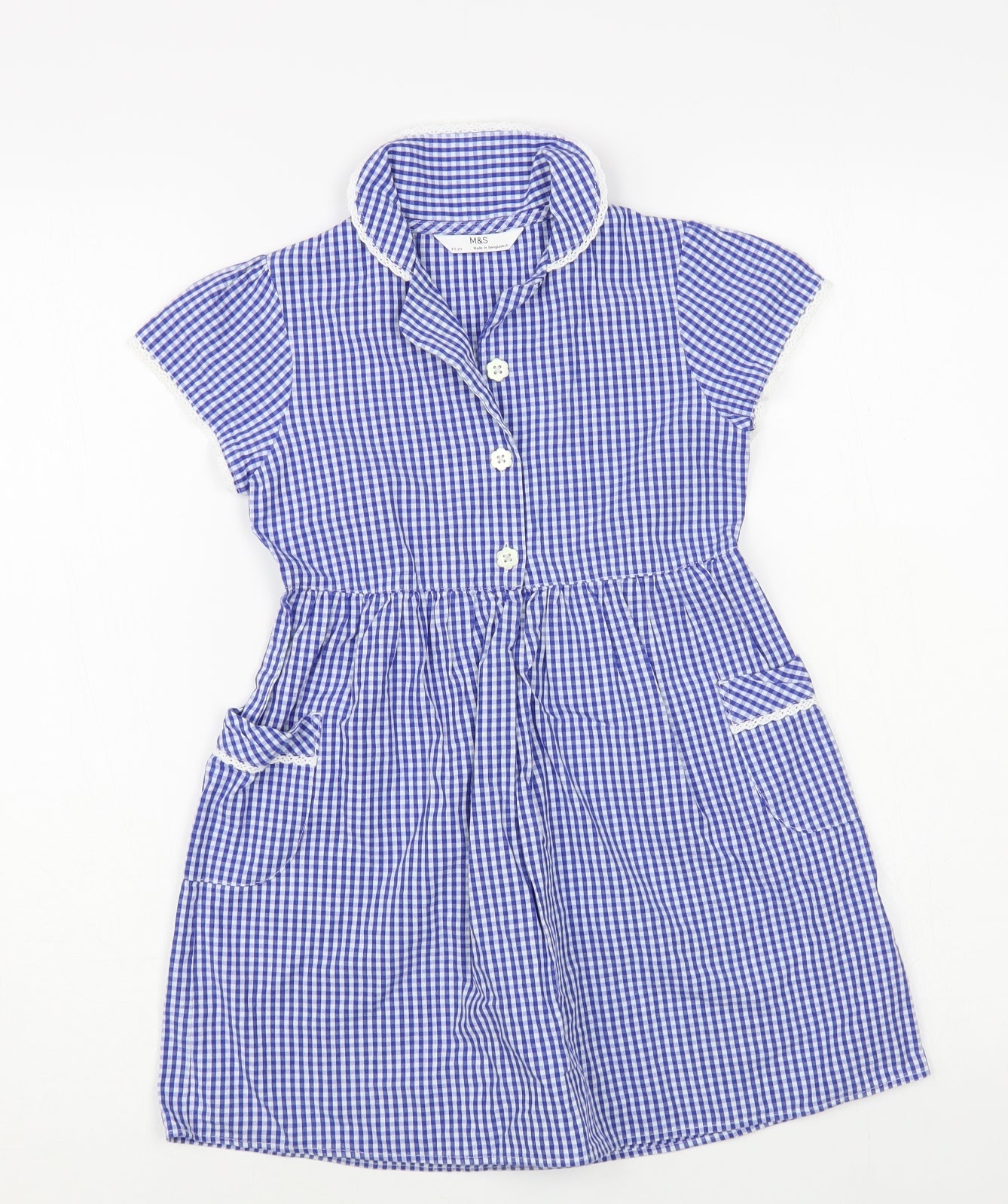 Marks and Spencer Girls Blue Gingham Cotton Shirt Dress Size 4-5 Years Collared Button - Schoolwear