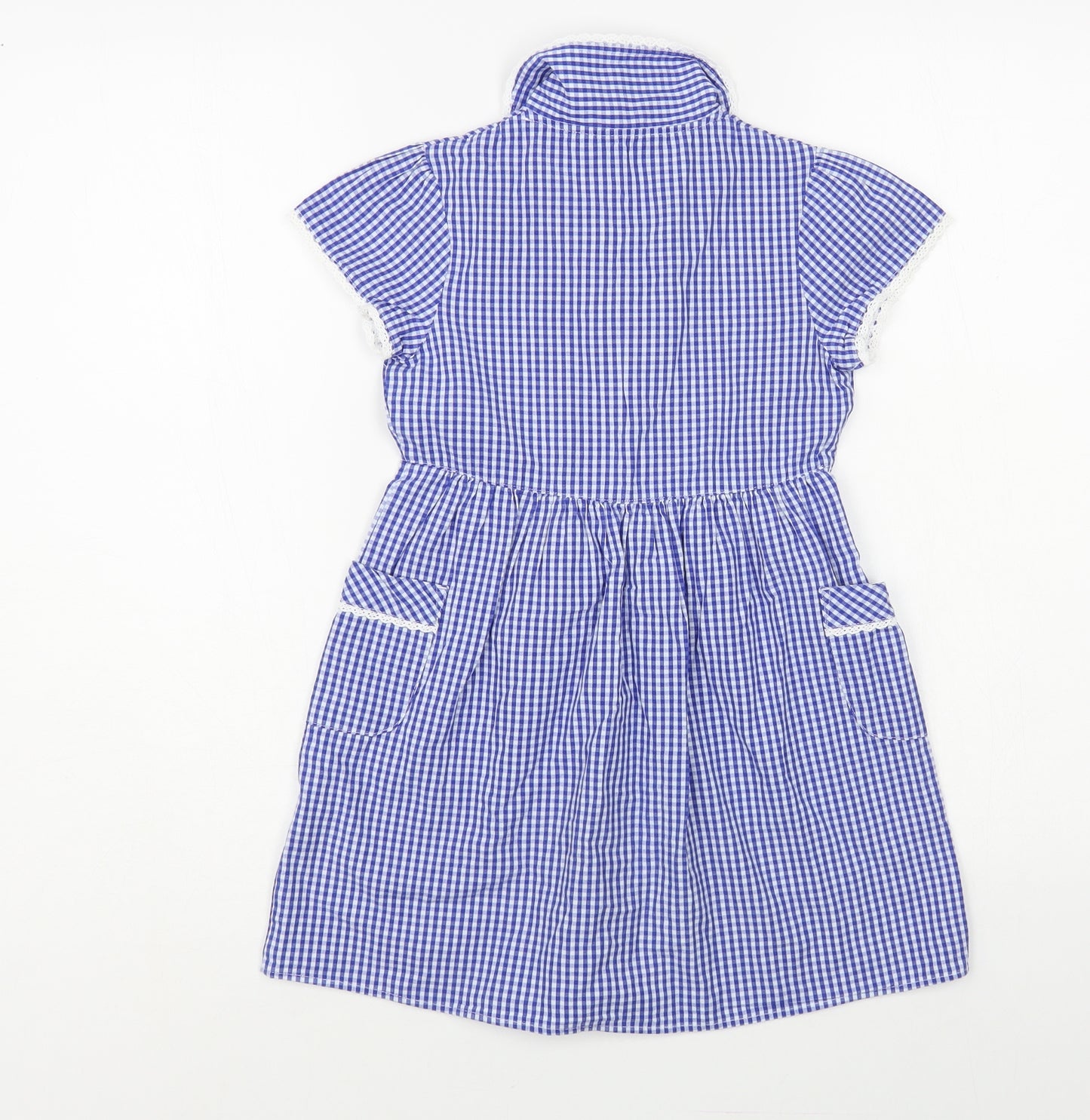 Marks and Spencer Girls Blue Gingham Cotton Shirt Dress Size 4-5 Years Collared Button - Schoolwear