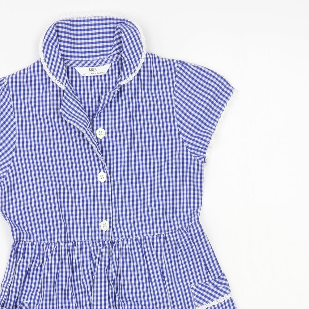 Marks and Spencer Girls Blue Gingham Cotton Shirt Dress Size 4-5 Years Collared Button - Schoolwear