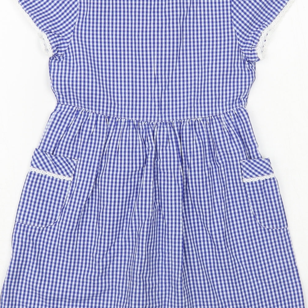 Marks and Spencer Girls Blue Gingham Cotton Shirt Dress Size 4-5 Years Collared Button - Schoolwear