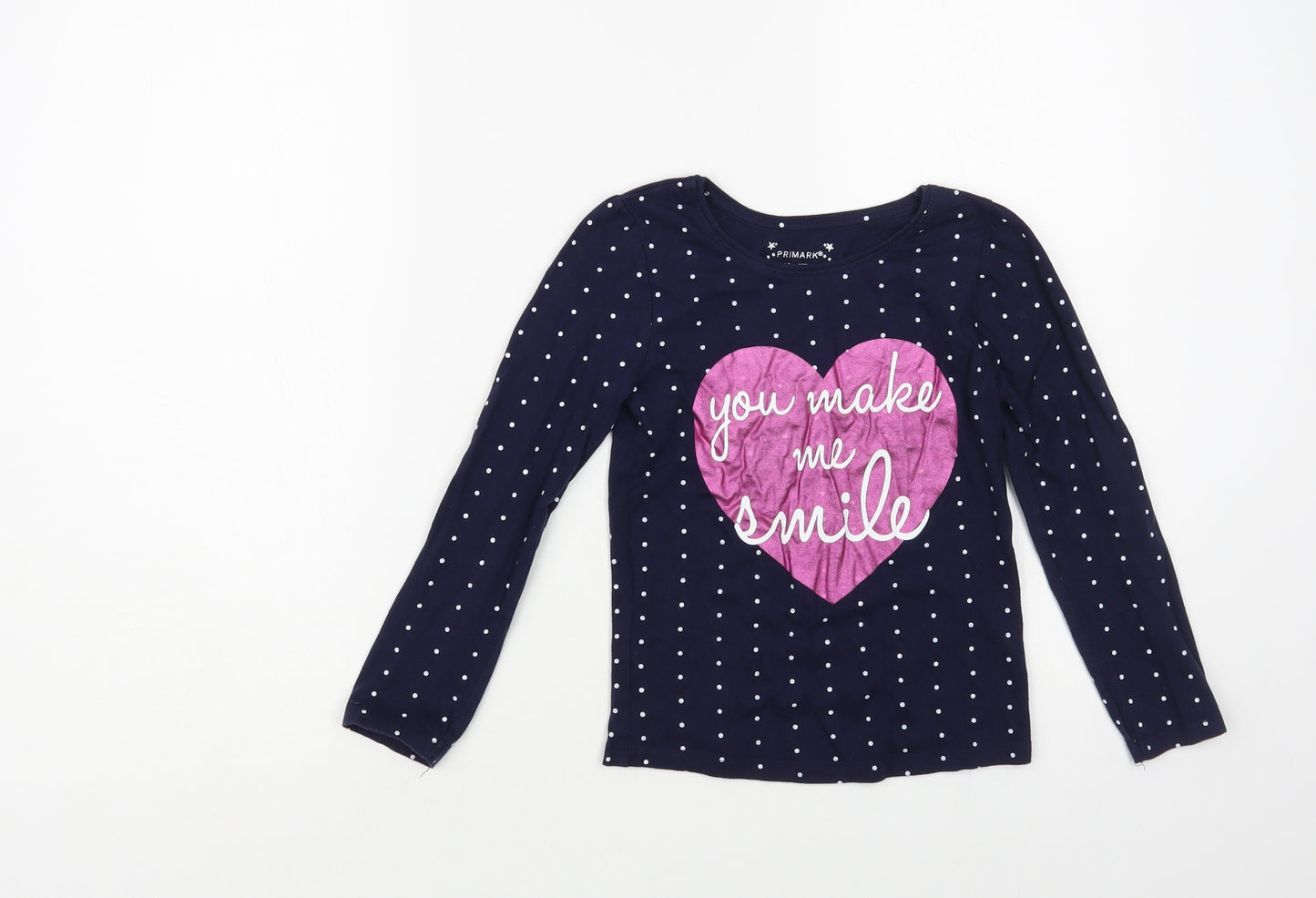 Primark Girls Blue Polka Dot Cotton Basic T-Shirt Size 6-7 Years Crew Neck Pullover - Heart