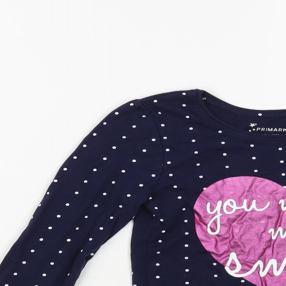 Primark Girls Blue Polka Dot Cotton Basic T-Shirt Size 6-7 Years Crew Neck Pullover - Heart