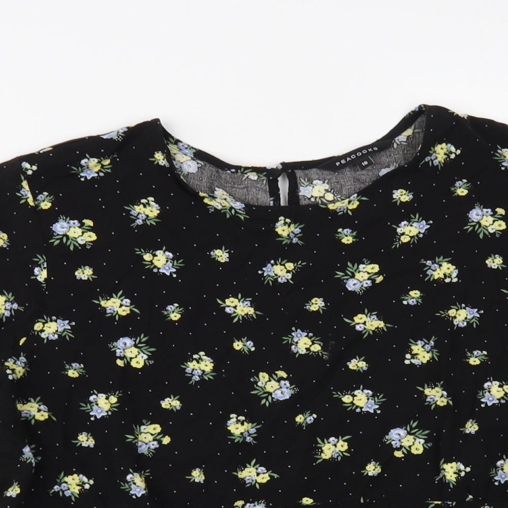 Peacocks Womens Black Floral Viscose Basic Blouse Size 18 Round Neck