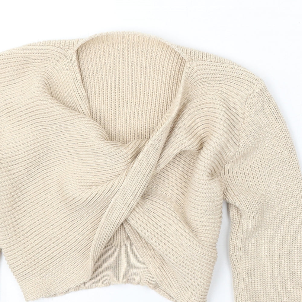 Preworn Womens Beige V-Neck Polyester Pullover Jumper Size S