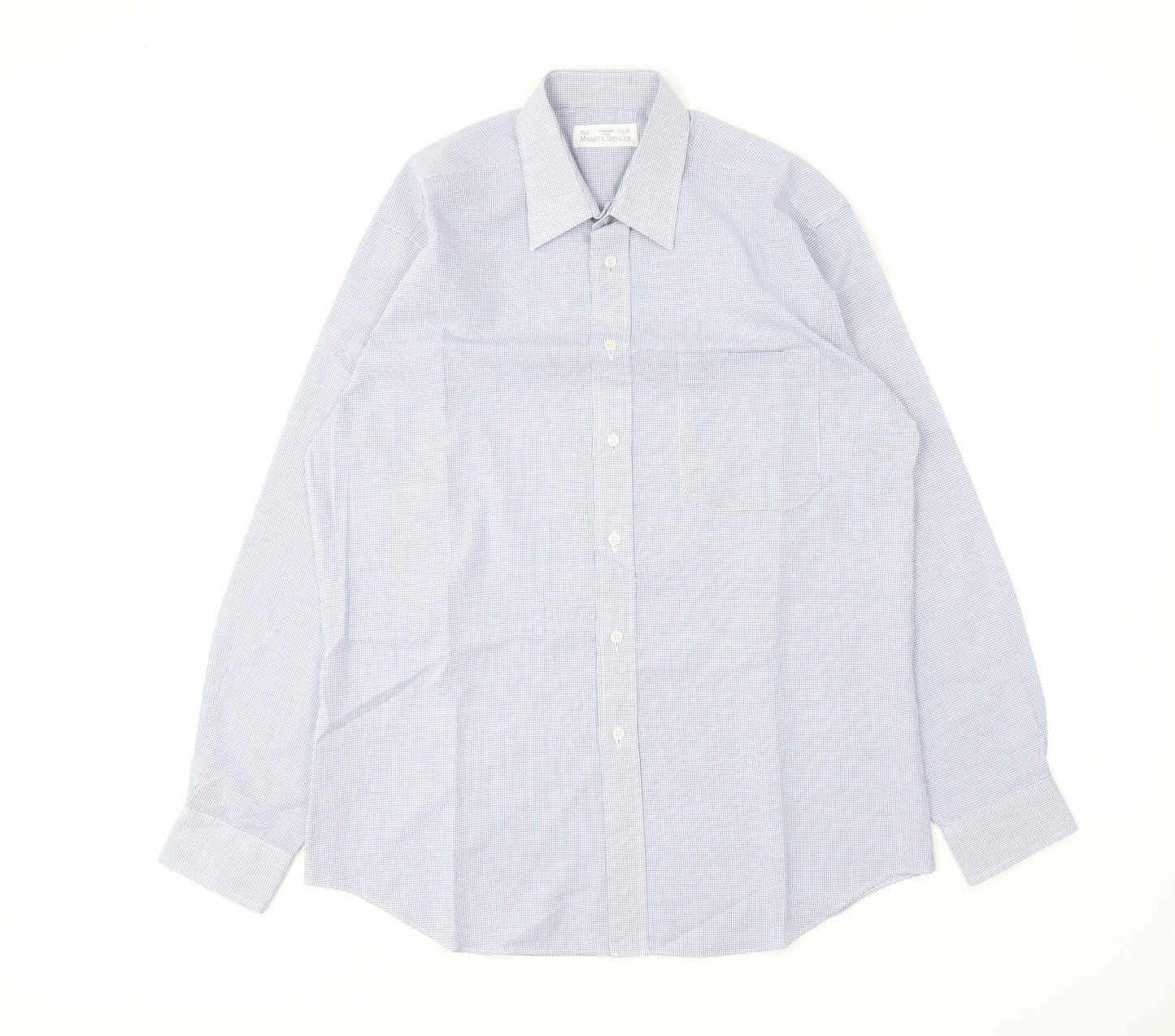 Marks and Spencer Mens Blue Check Cotton Dress Shirt Size 15.5 Collared