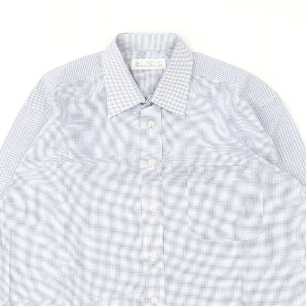 Marks and Spencer Mens Blue Check Cotton Dress Shirt Size 15.5 Collared