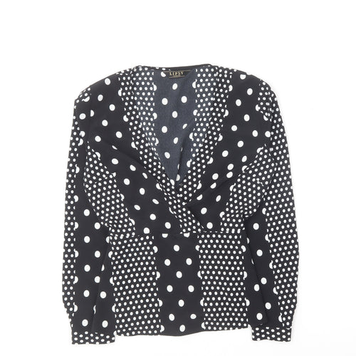 Lipsy Womens Black Polka Dot Polyester Basic Blouse Size 8 V-Neck