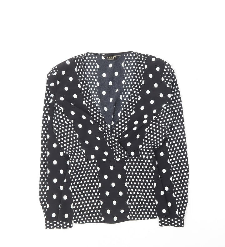 Lipsy Womens Black Polka Dot Polyester Basic Blouse Size 8 V-Neck