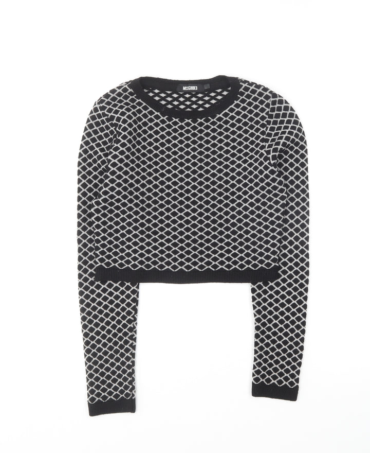 Missguided Womens Black Round Neck Argyle/Diamond Acrylic Pullover Jumper Size S - Cropped