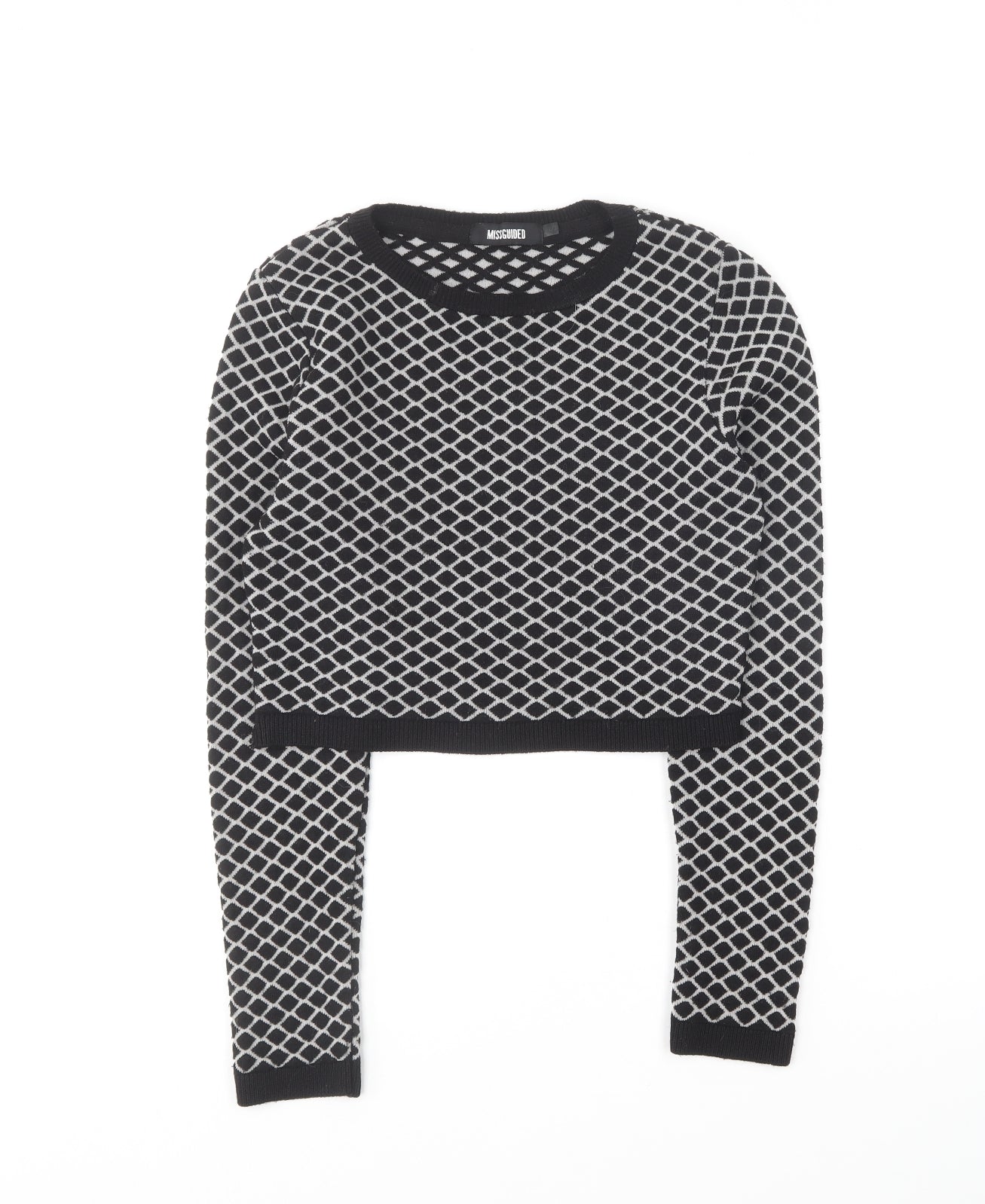 Missguided Womens Black Round Neck Argyle/Diamond Acrylic Pullover Jumper Size S - Cropped