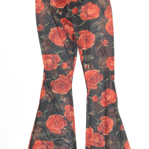 PRETTYLITTLETHING Womens Black Floral Polyester Trousers Size 4 L30 in Regular - Red Roses