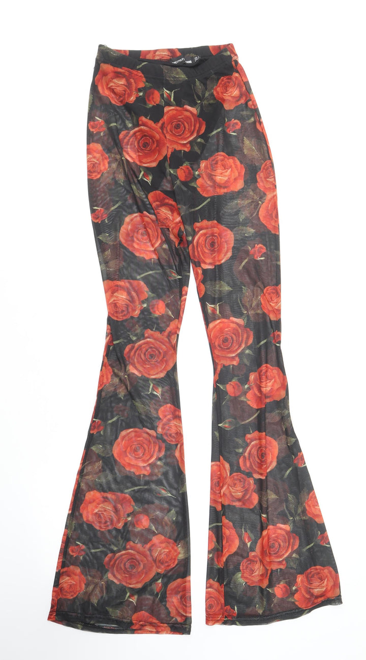PRETTYLITTLETHING Womens Black Floral Polyester Trousers Size 4 L30 in Regular - Red Roses