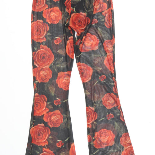 PRETTYLITTLETHING Womens Black Floral Polyester Trousers Size 4 L30 in Regular - Red Roses