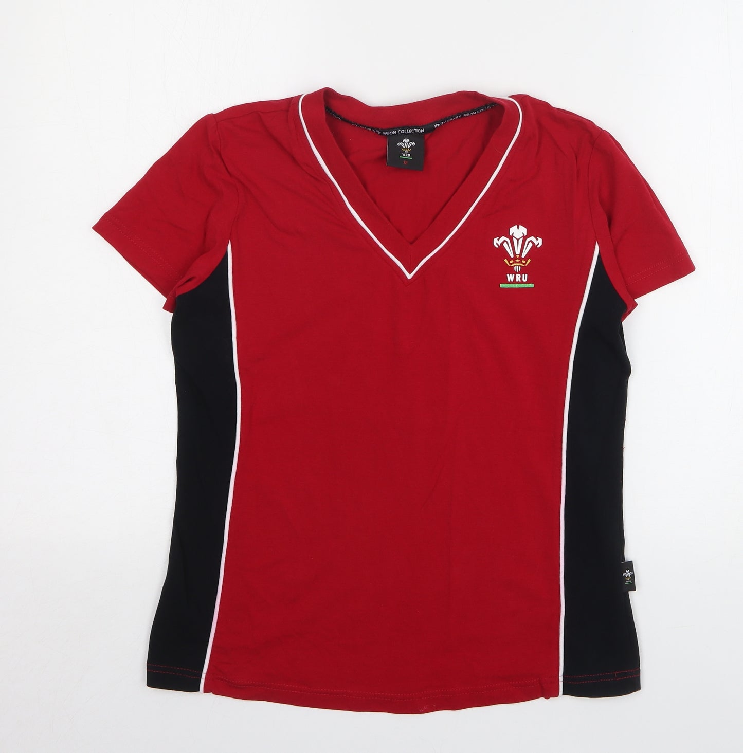 Welsh Rugby Union Womens Red Cotton Basic T-Shirt Size 12 V-Neck