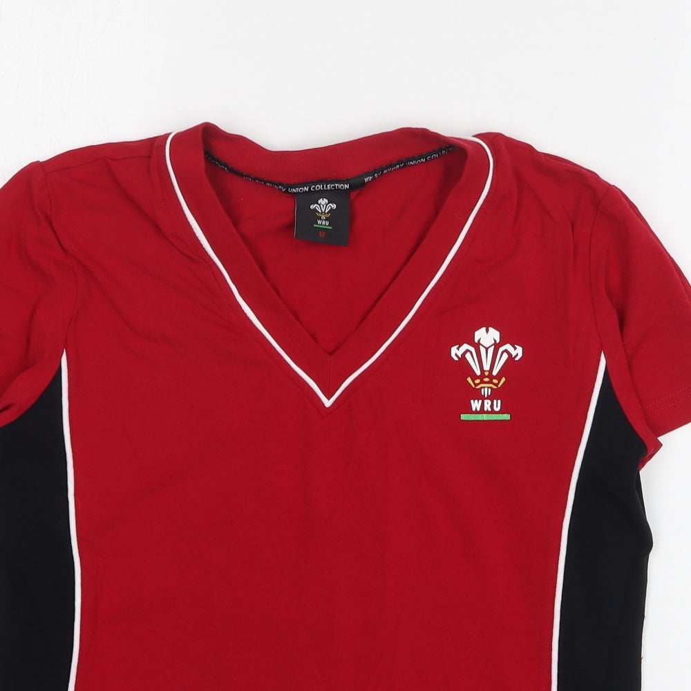 Welsh Rugby Union Womens Red Cotton Basic T-Shirt Size 12 V-Neck