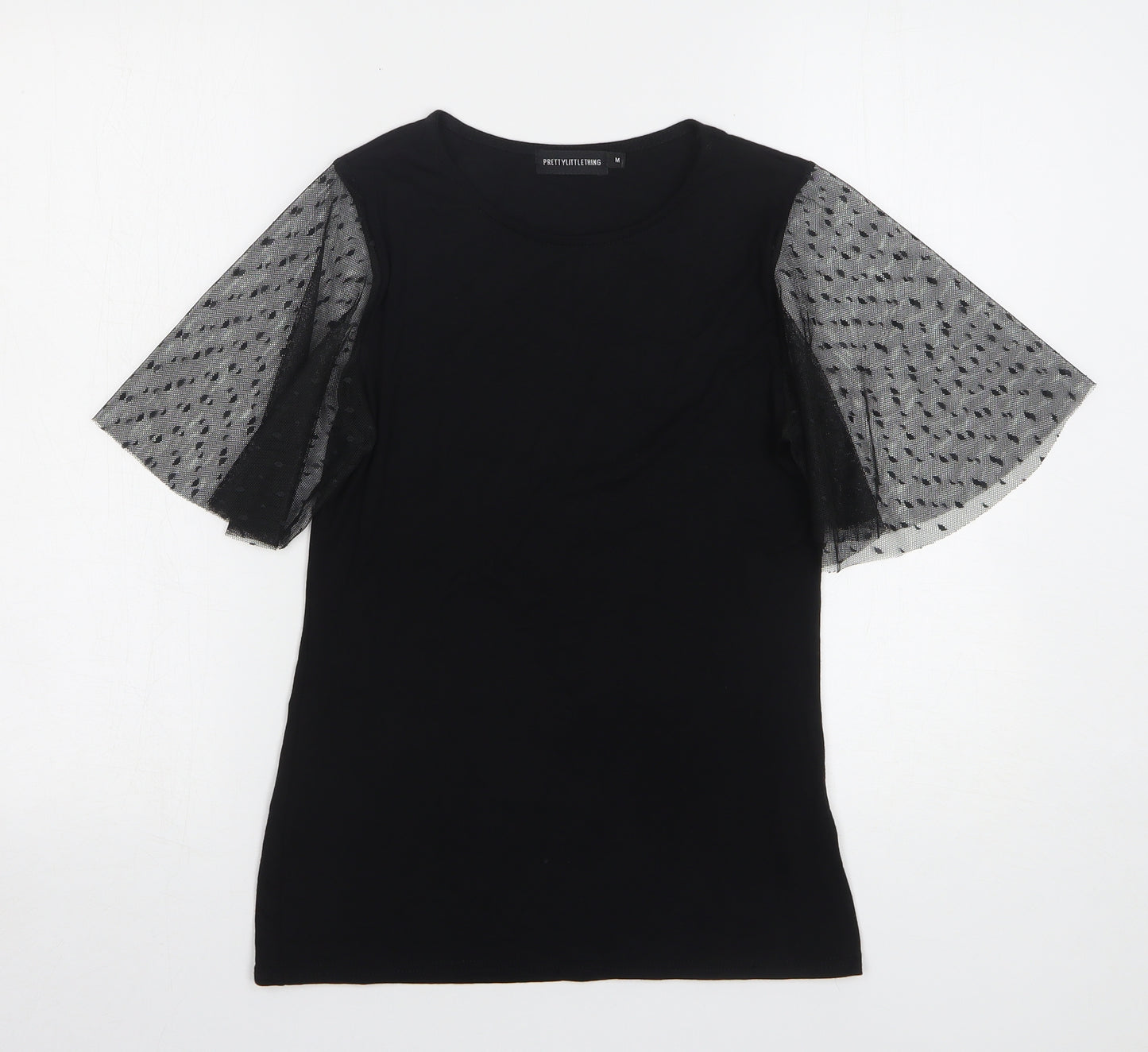 PRETTYLITTLETHING Womens Black Polka Dot Viscose Basic T-Shirt Size M Round Neck
